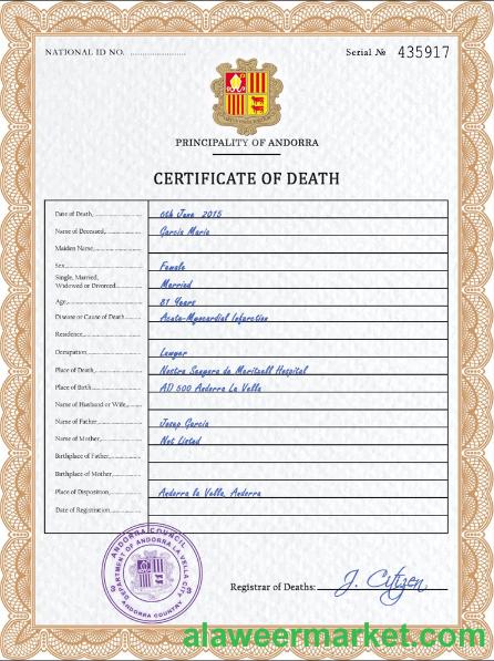 Andorra death certificate PSD template